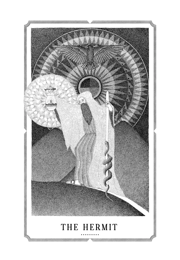 The Hermit, an original pointillist drawing by Mike Pinette. A bearded hermit in a long robe holds out a lantern and a staff wound with a serpent, walking a hillside beneath a bird with spread wings and a dark, radiant sun.